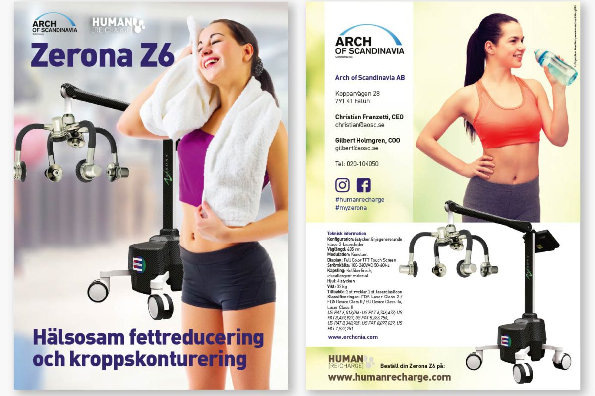 8-sidig broschyr framtagen av Xtrovert Media Reklambyrå för marknadsföring av medicintekniska lasrar. Broschyrens fram- och baksida.