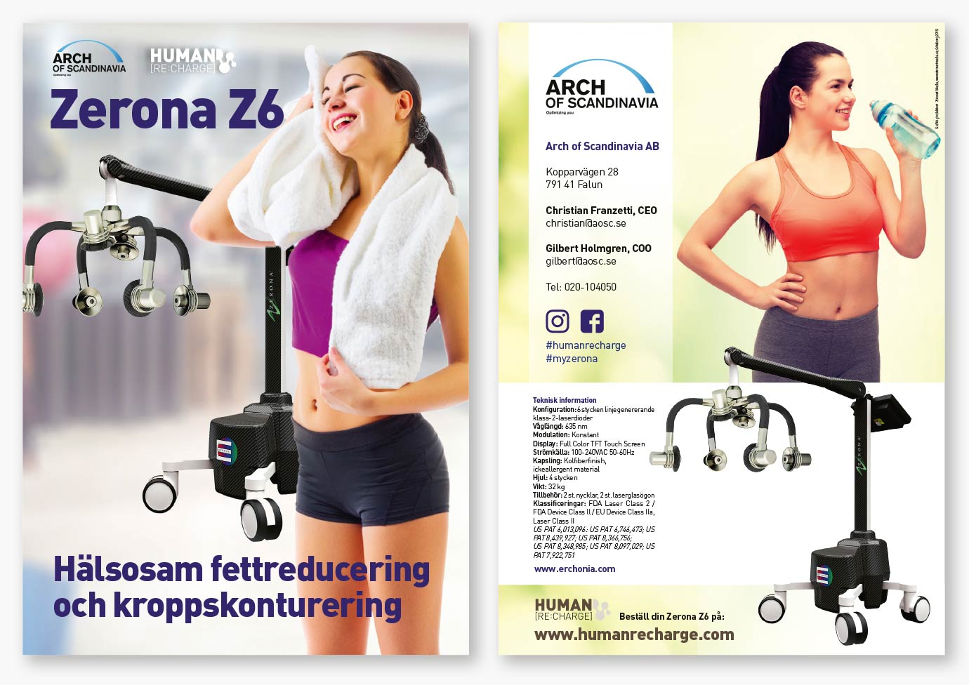 8-sidig broschyr framtagen av Xtrovert Media Reklambyrå för marknadsföring av medicintekniska lasrar. Broschyrens fram- och baksida.